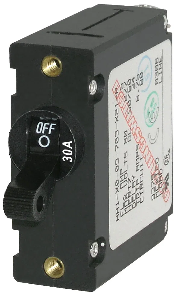7220-BSS – BLUE SEA Circuit Breaker, 30 Amps/ 240 Volt AC/ 32 Volt DC Black Single Pole Magnetic Hydraulic Type Toggl...